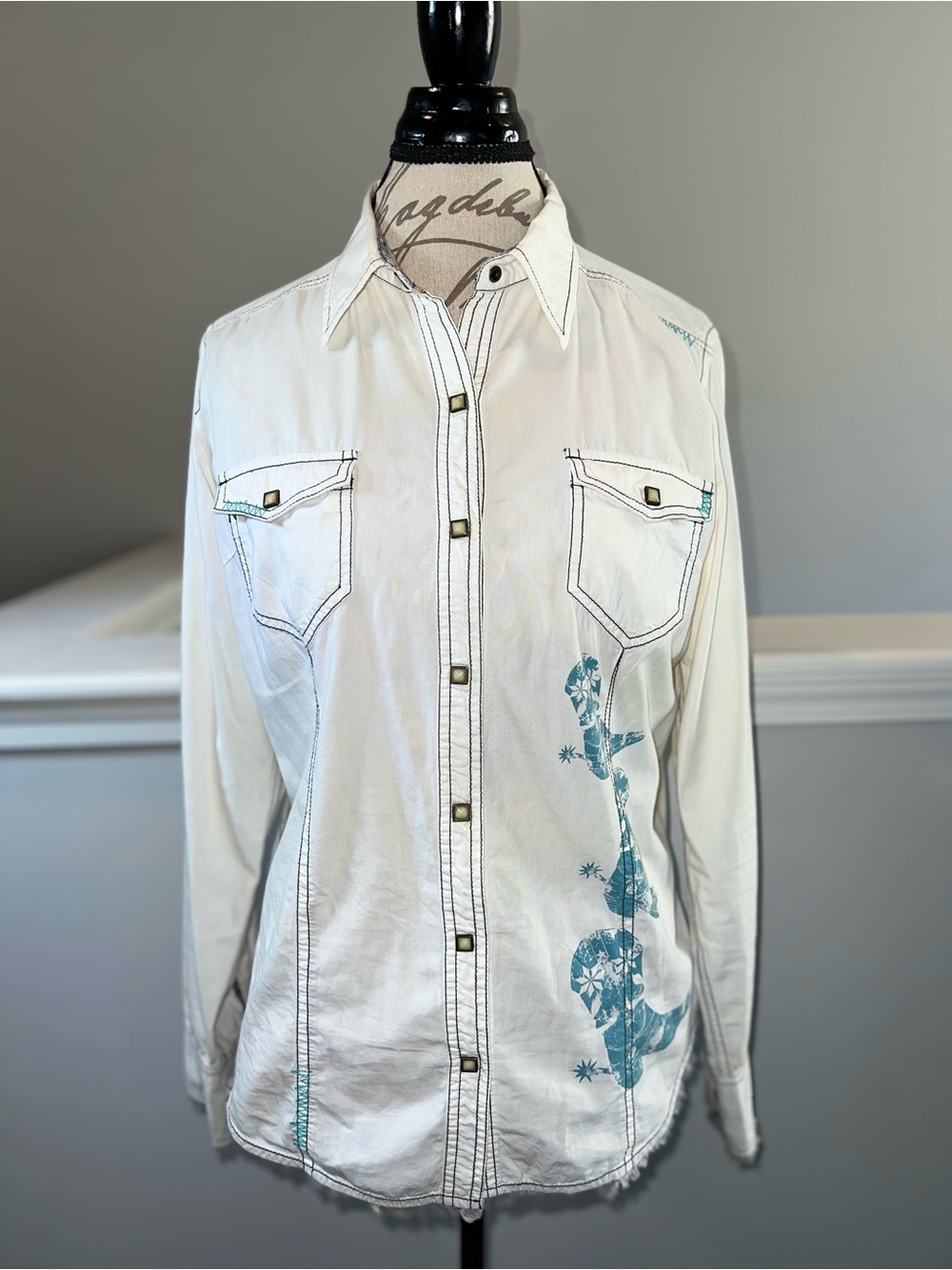 Barn Fly Trading Womens Large Western Shirt White Blue Cowboy Boots Snap